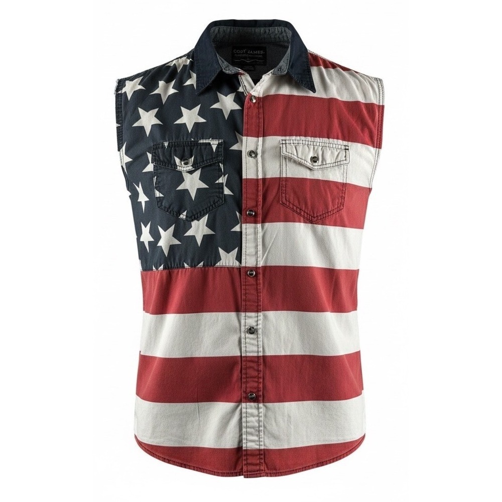 Cody James USA Flag Sleeveless Western Shirt Mens S Snap Distressed